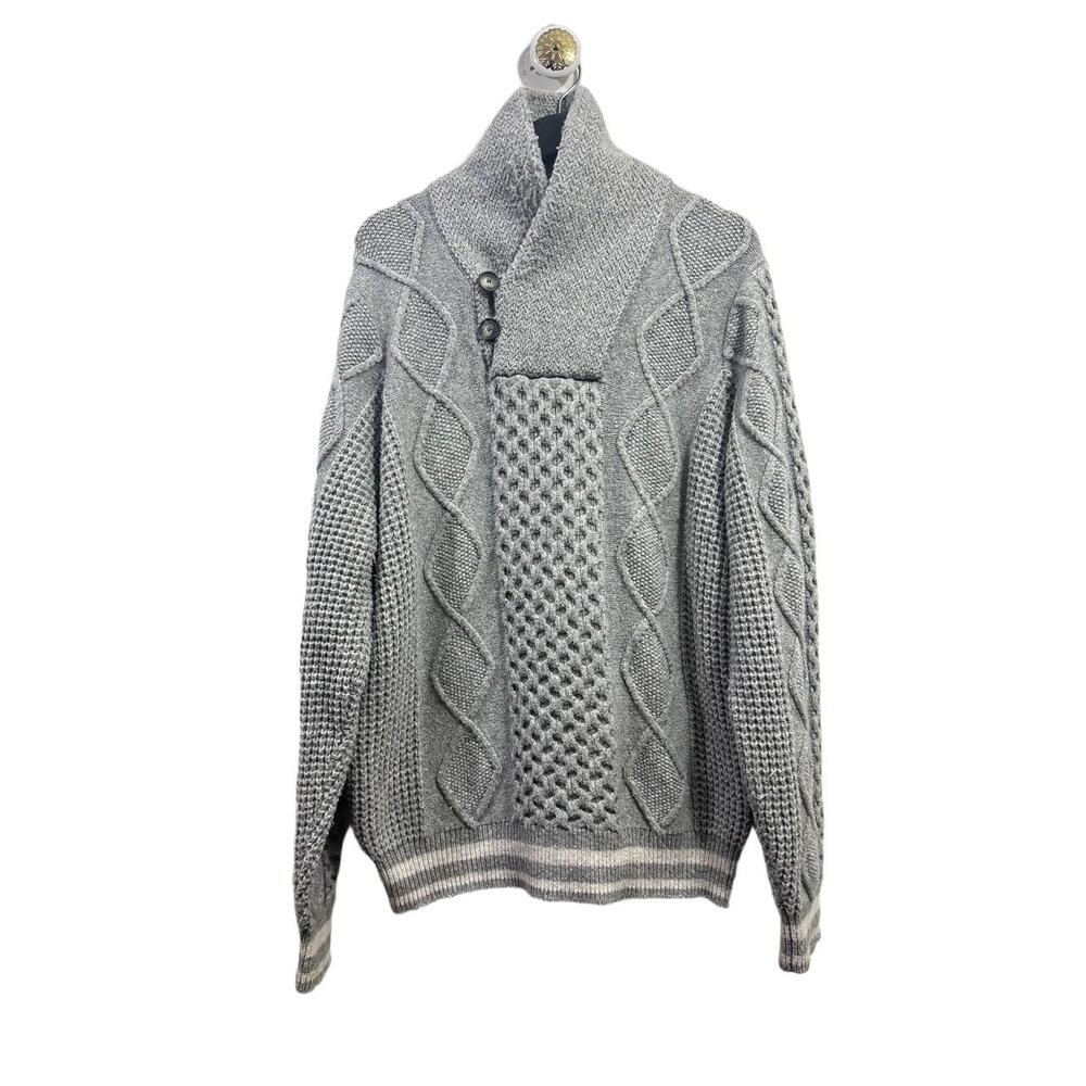 Marine Layer Sweater Men Size X-Large Shawl Neck Button Grey Cable Turtleneck